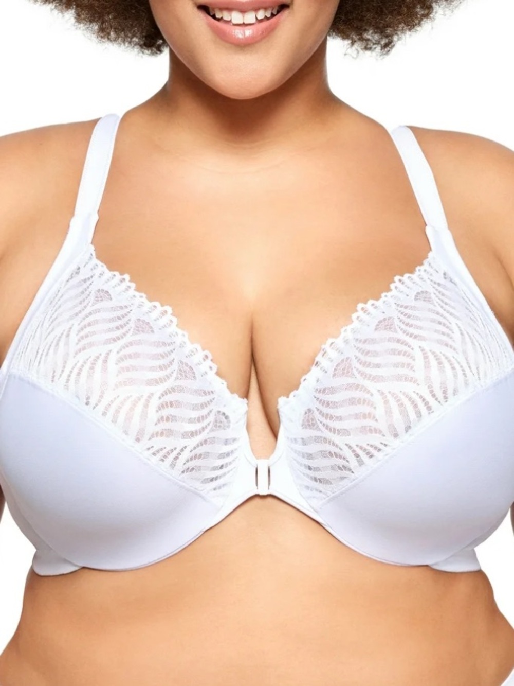 Glamorise 48DD White Front Close Lace Racerback Underwire Bra Plus